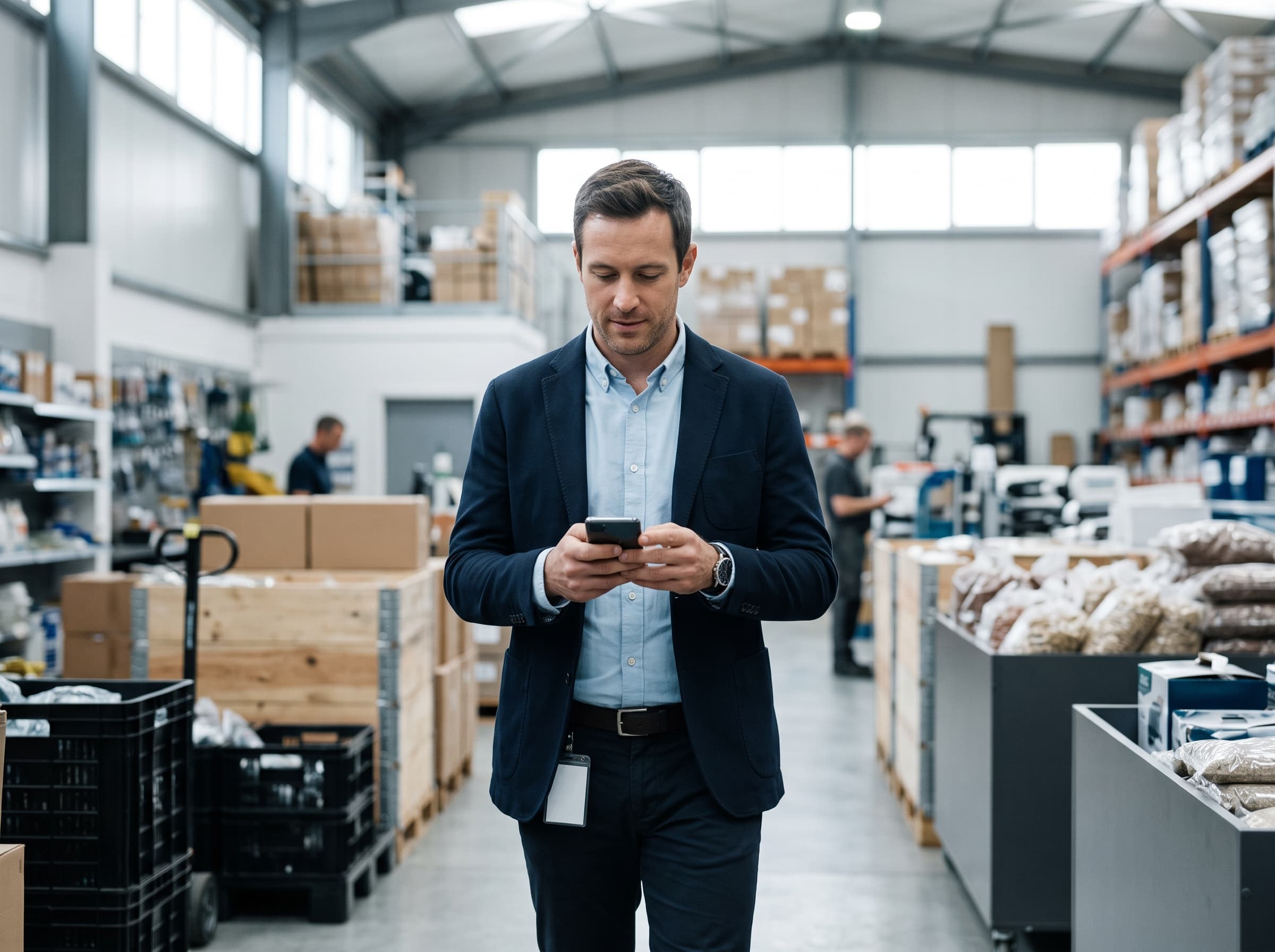 Representante comercial acompanhando um pedido pelo celular em uma distribuidora.