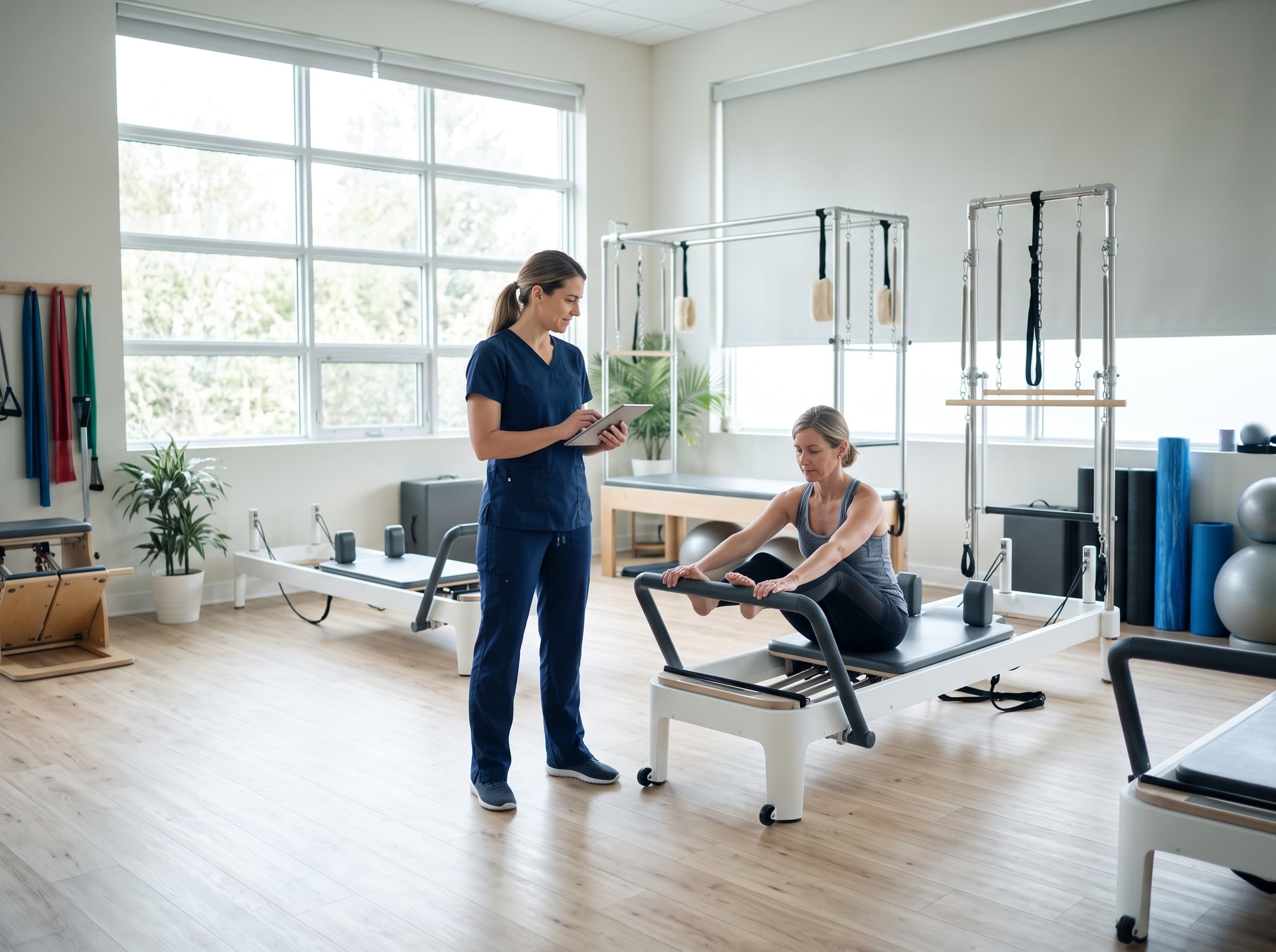 Fisioterapeuta registrando o atendimento num tablet em um estúdio de pilates.